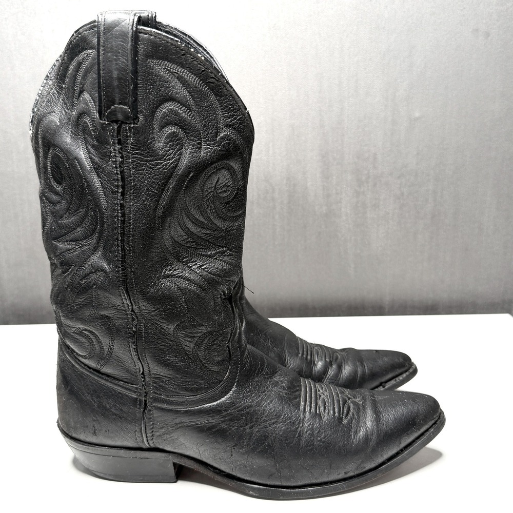 Vtg Code West Cowboy Boots Womens 8.5 Black Leather Pointed Toe Western Stitched